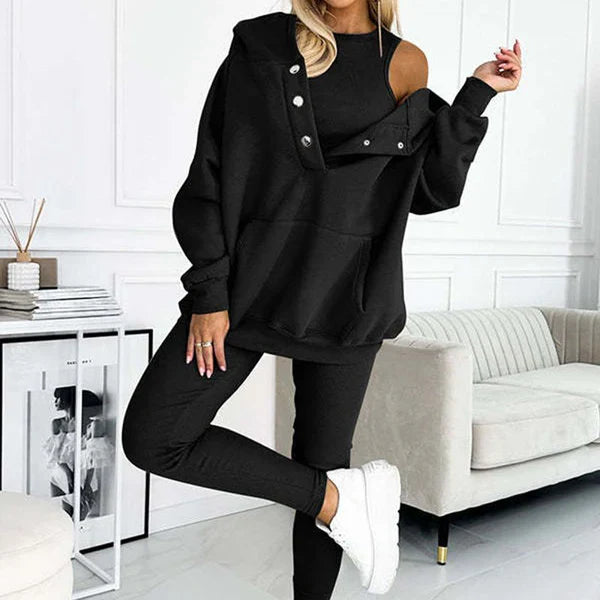 Elena – Set Comodo 3 Pezzi (Maglia + Felpa con Cappuccio + Pantaloni)