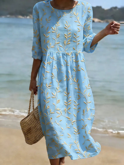 Milk - Abito Blu Ricamato con Fiori Vintage