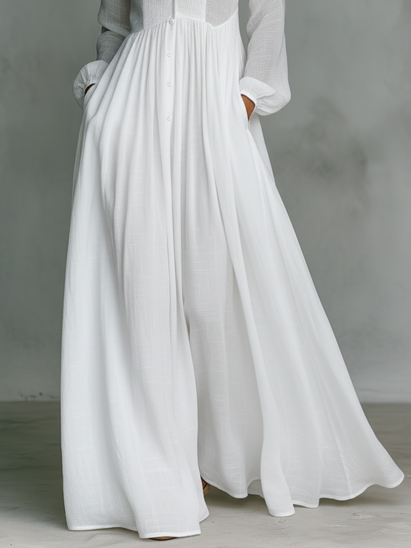 Mia | Maxi Minimalista in Cotone e Lino con Patchwork, Collo Alto e Maniche Lunghe