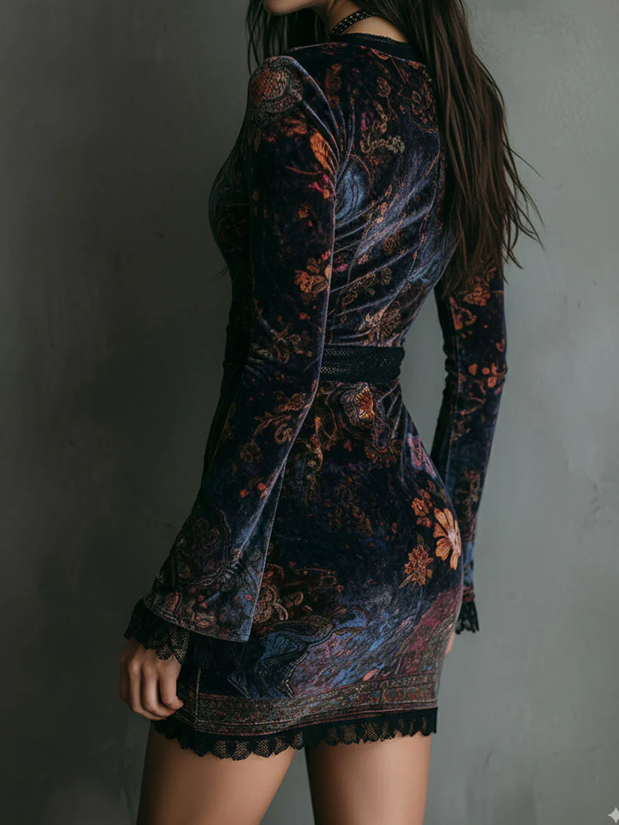 Selene ❘ Mini Abito in Velluto con Stampa Floreale e Pizzo