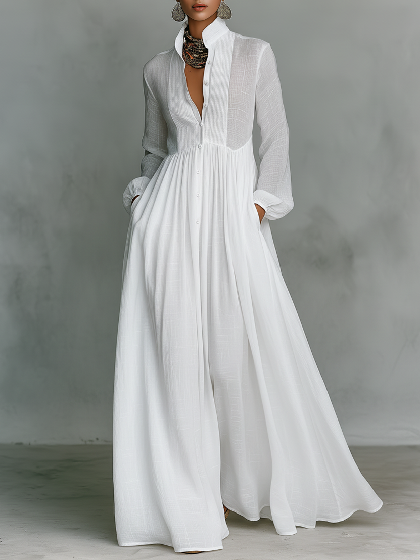 Mia | Maxi Minimalista in Cotone e Lino con Patchwork, Collo Alto e Maniche Lunghe
