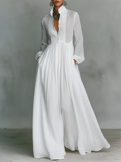 Mia | Maxi Minimalista in Cotone e Lino con Patchwork, Collo Alto e Maniche Lunghe